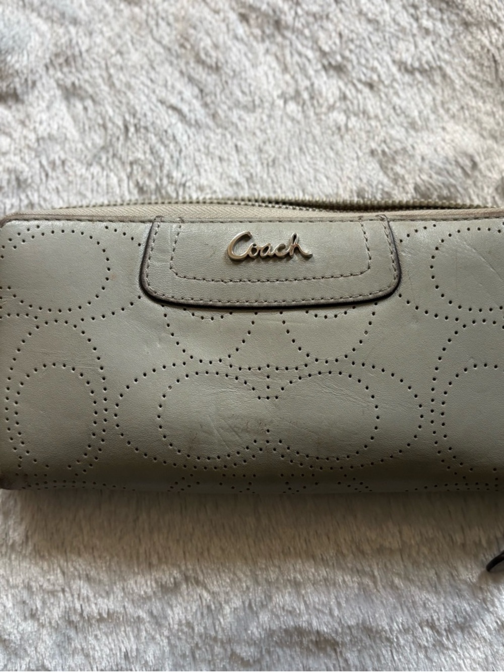 Coach Perforated Leather Zip Wallet in Light Olive Green